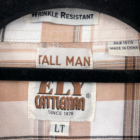 Ely Cattleman Tan Plaid Tall Man Wrinkle Resistant Pearl Snap Western Shirt Top - Picture 2 of 6